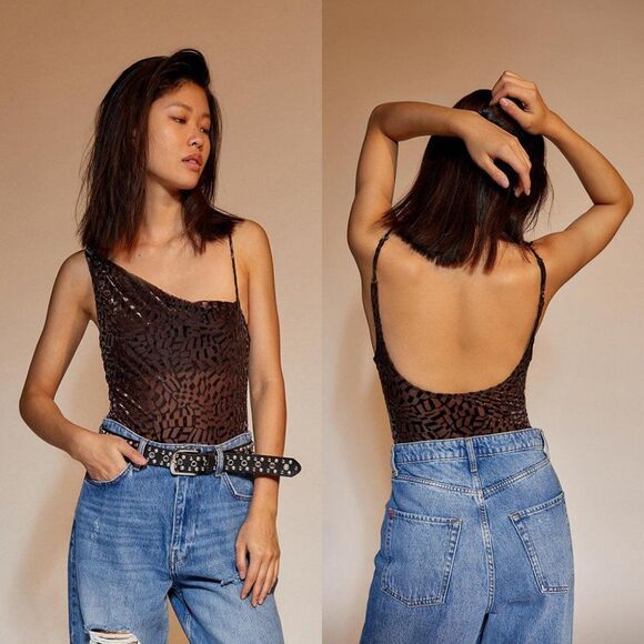 Out From Under UO black brown nude velvet geo pattern one shoulder bodysuit - Picture 1 of 7